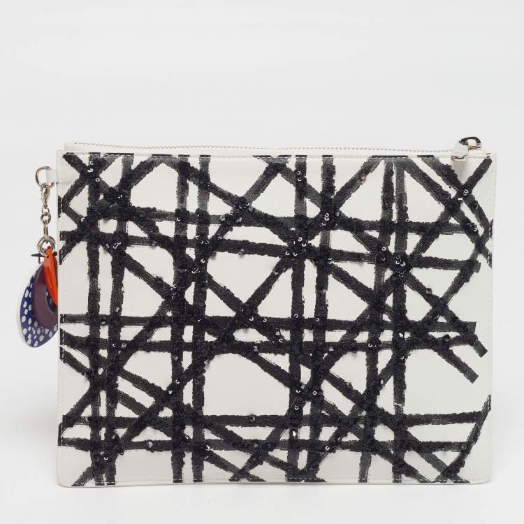 Pre Owned Dior x Daniel Gordon Limited Edition Zip Art White/Black Cannage Sequins and Leather Pouch 