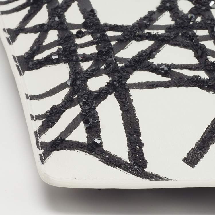 Pre Owned Dior x Daniel Gordon Limited Edition Zip Art White/Black Cannage Sequins and Leather Pouch 