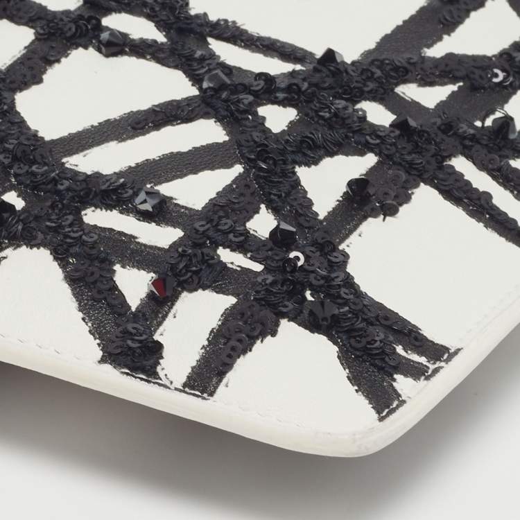 Pre Owned Dior x Daniel Gordon Limited Edition Zip Art White/Black Cannage Sequins and Leather Pouch 