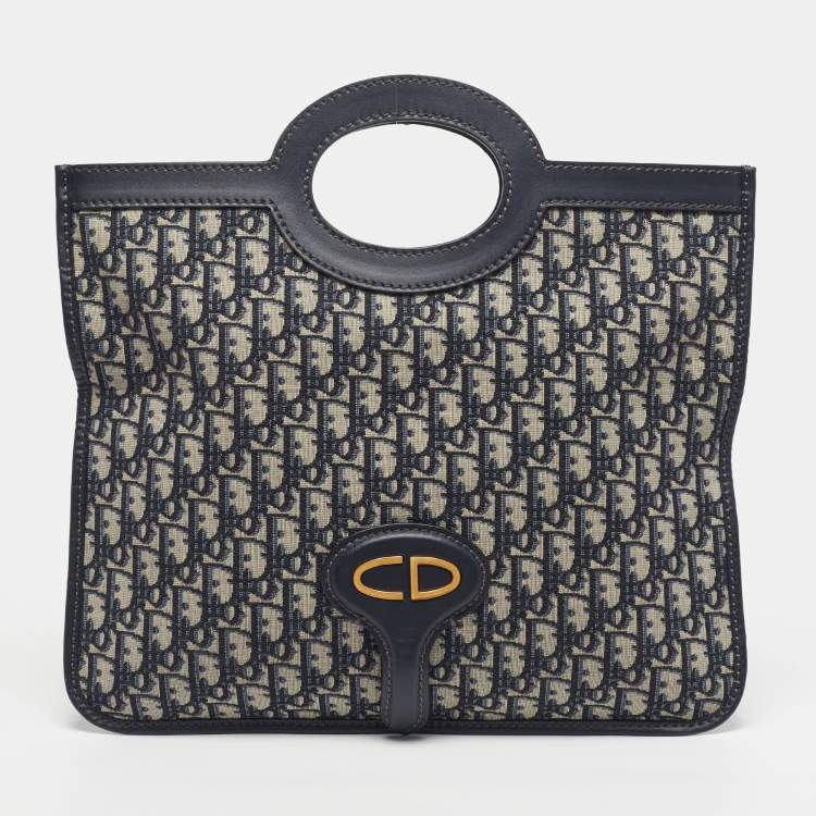 Pre Owned Dior Navy Blue Oblique Canvas and Leather Fold Over Clutch