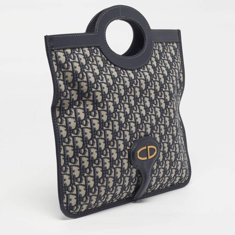 Pre Owned Dior Navy Blue Oblique Canvas and Leather Fold Over Clutch