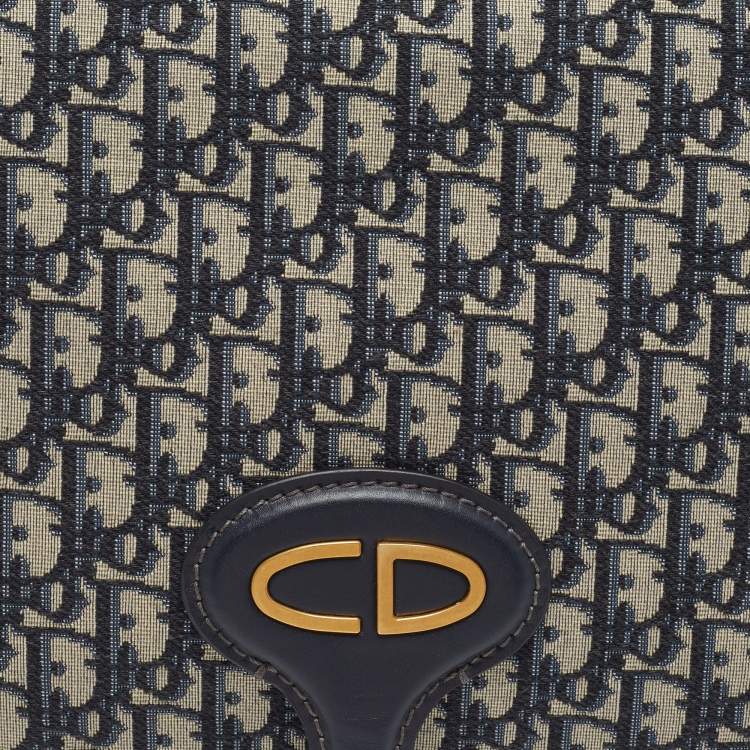 Pre Owned Dior Navy Blue Oblique Canvas and Leather Fold Over Clutch