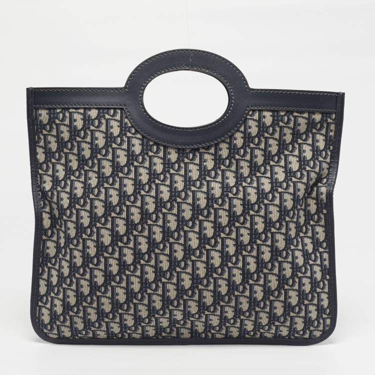 Pre Owned Dior Navy Blue Oblique Canvas and Leather Fold Over Clutch