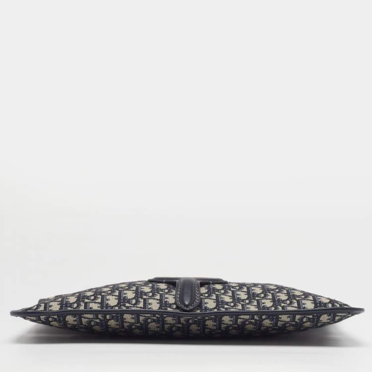 Pre Owned Dior Navy Blue Oblique Canvas and Leather Fold Over Clutch