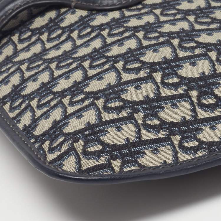 Pre Owned Dior Navy Blue Oblique Canvas and Leather Fold Over Clutch