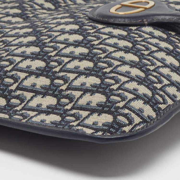 Pre Owned Dior Navy Blue Oblique Canvas and Leather Fold Over Clutch