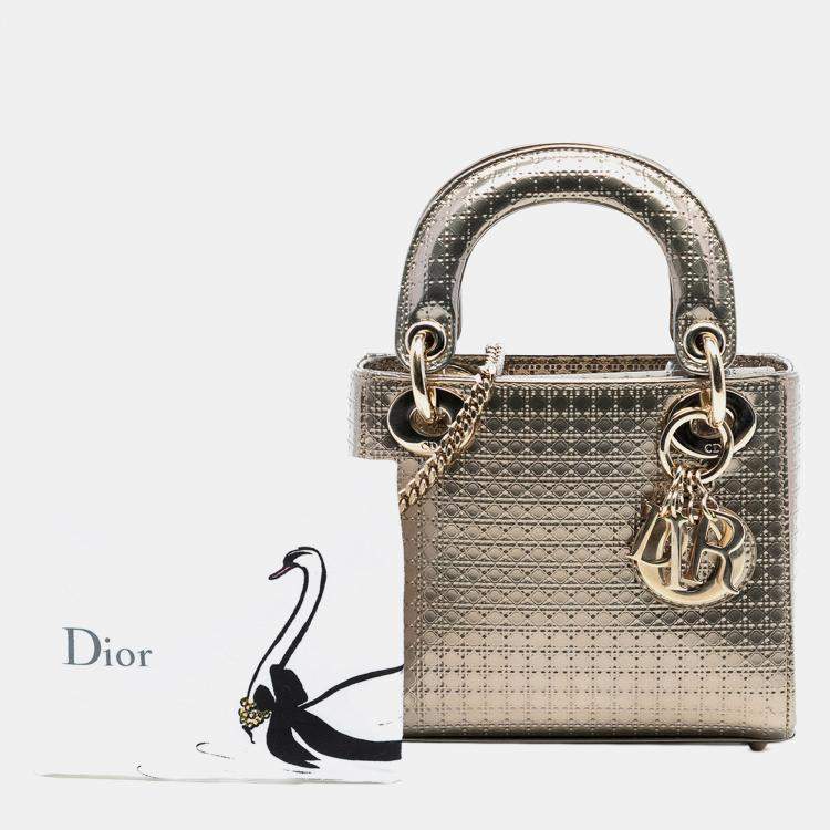 Pre Owned Dior Gold Mini Metallic Patent Microcannage Lady Dior