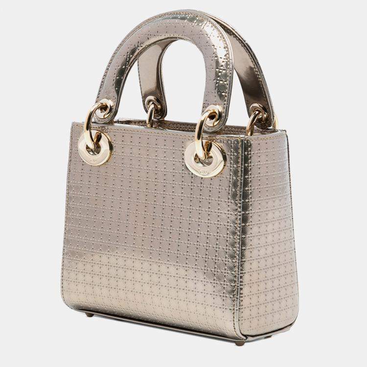Pre Owned Dior Gold Mini Metallic Patent Microcannage Lady Dior