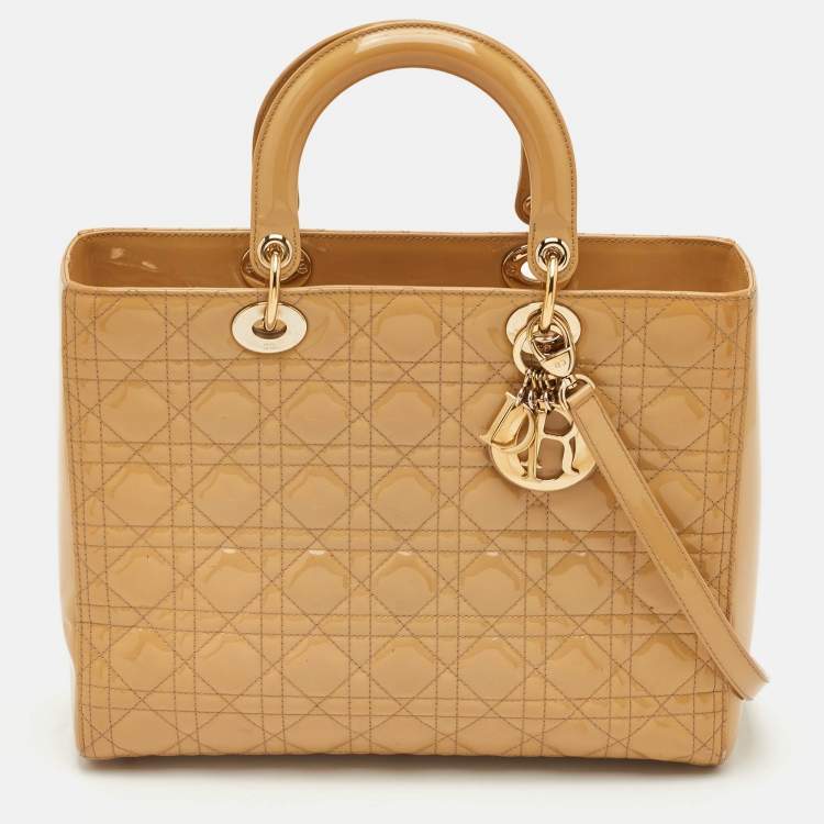 Pre Owned Dior Lady Dior Large Beige Cannage Patent Leather Tote