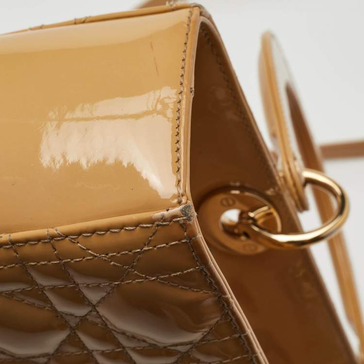 Pre Owned Dior Lady Dior Large Beige Cannage Patent Leather Tote