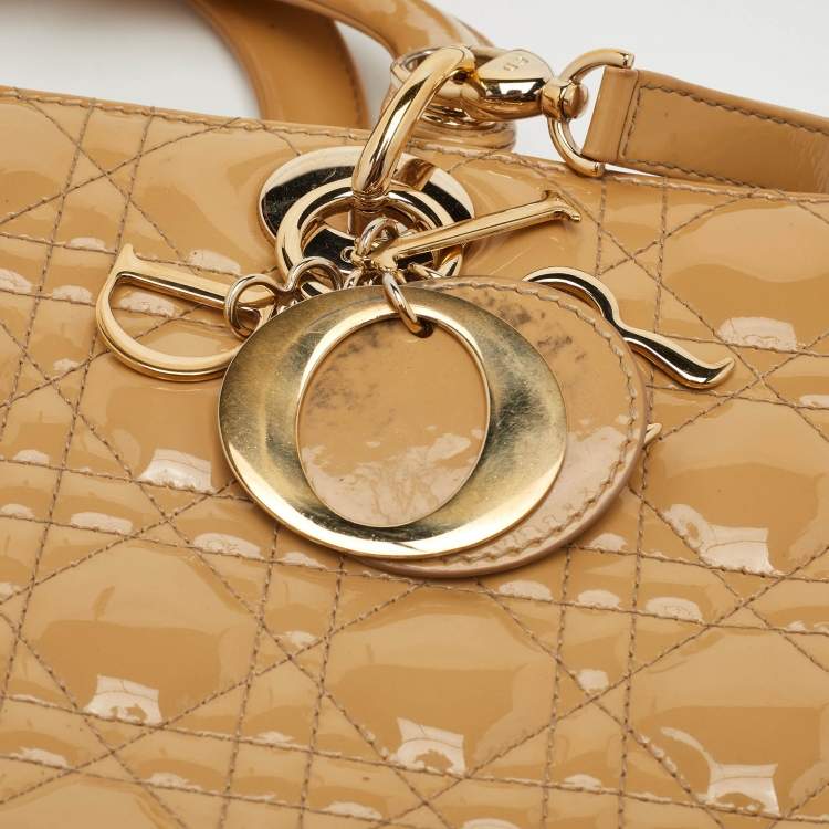 Pre Owned Dior Lady Dior Large Beige Cannage Patent Leather Tote