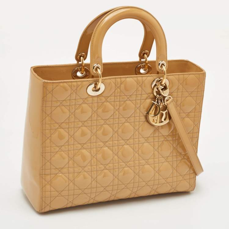 Pre Owned Dior Lady Dior Large Beige Cannage Patent Leather Tote