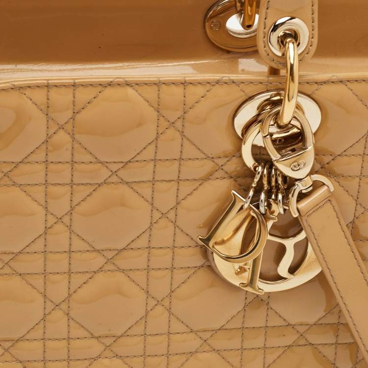 Pre Owned Dior Lady Dior Large Beige Cannage Patent Leather Tote