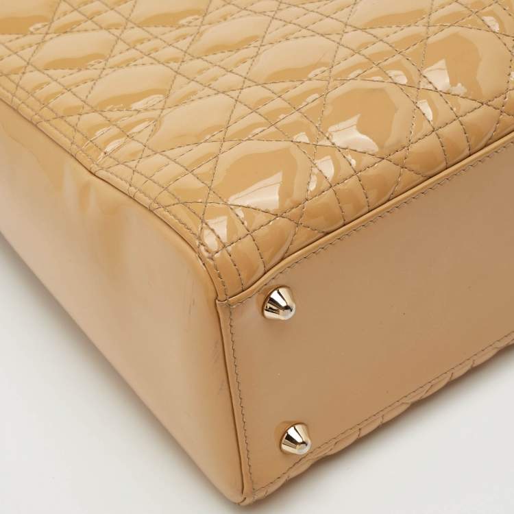 Pre Owned Dior Lady Dior Large Beige Cannage Patent Leather Tote