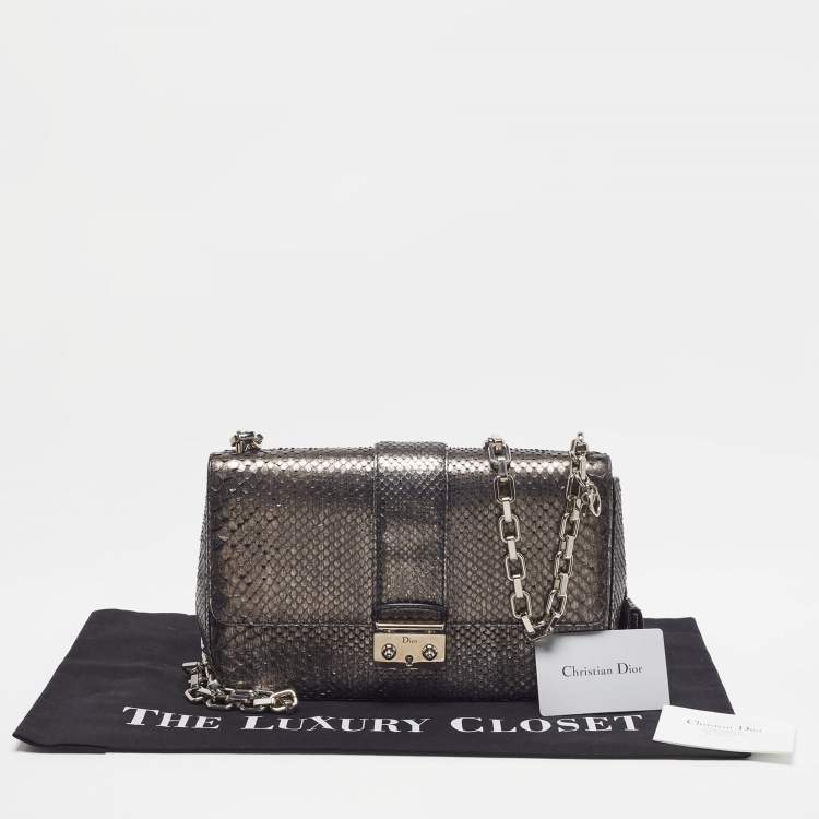Pre Owned Dior Miss Dior Flap Medium Metallic Grey Python Flap Bag