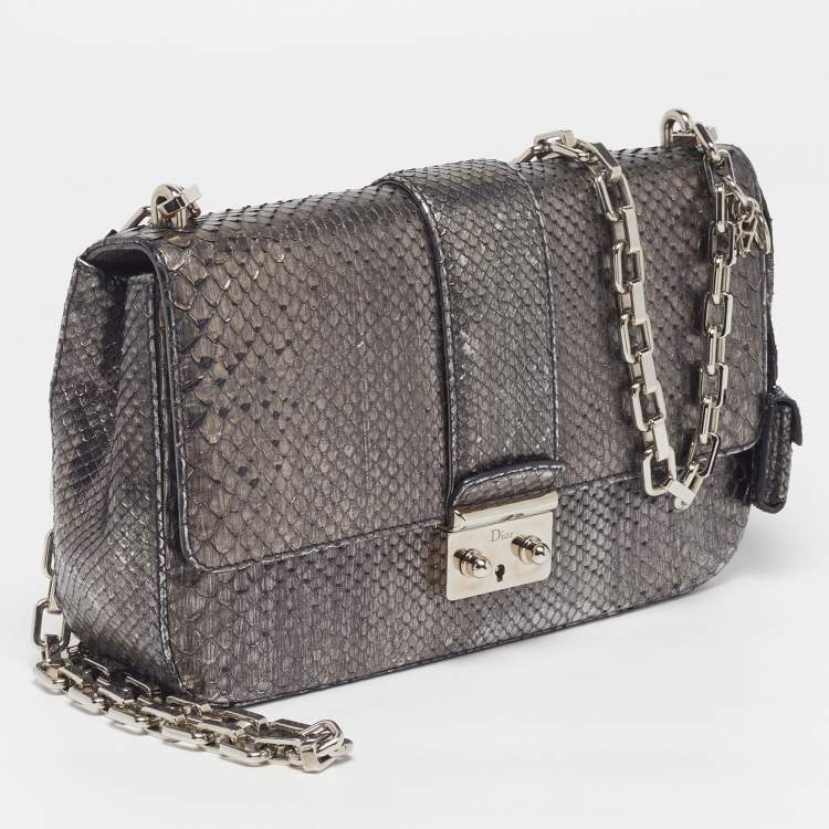 Pre Owned Dior Miss Dior Flap Medium Metallic Grey Python Flap Bag