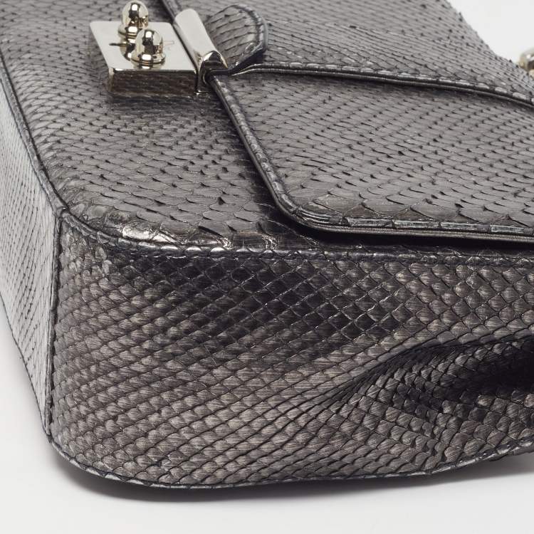 Pre Owned Dior Miss Dior Flap Medium Metallic Grey Python Flap Bag