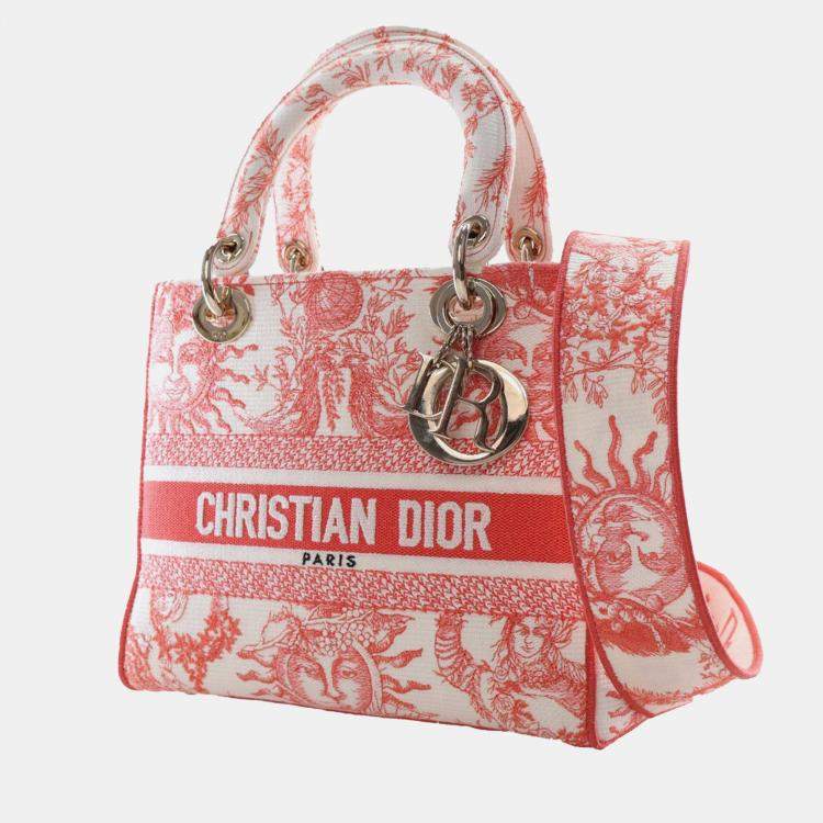 Pre Owned Dior Red White Medium Embroidered Canvas Toile de Jouy Soleil Lady D Lite