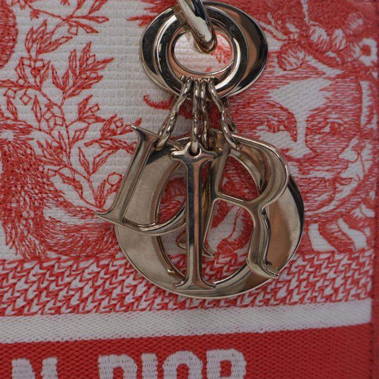 Pre Owned Dior Red White Medium Embroidered Canvas Toile de Jouy Soleil Lady D Lite