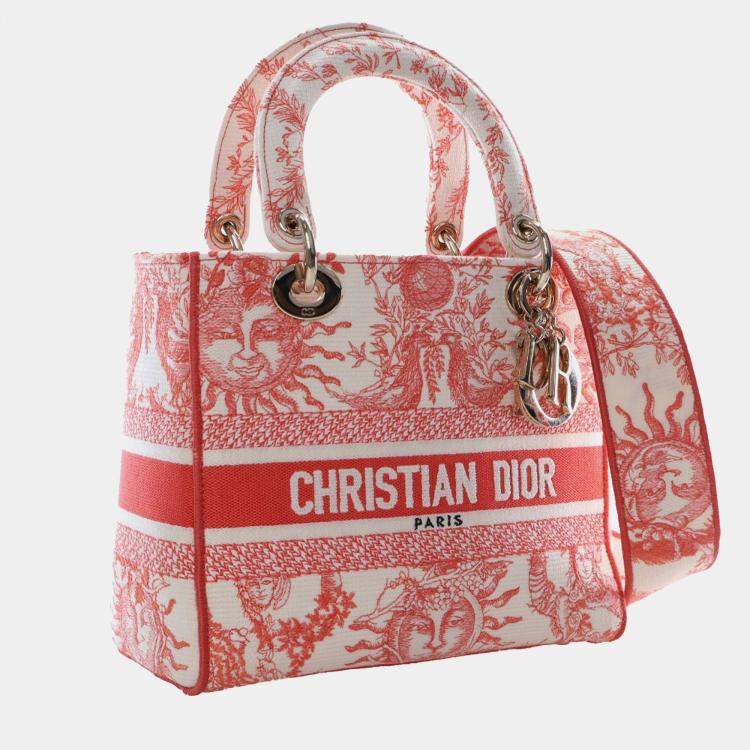 Pre Owned Dior Red White Medium Embroidered Canvas Toile de Jouy Soleil Lady D Lite