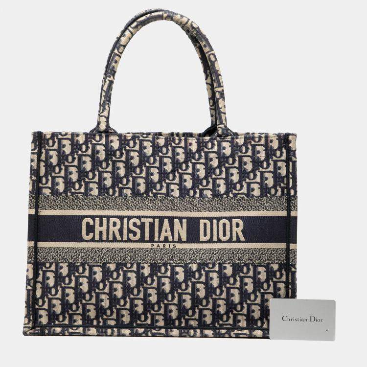Pre Owned Dior Blue Medium Oblique Embroidered Canvas Book Tote