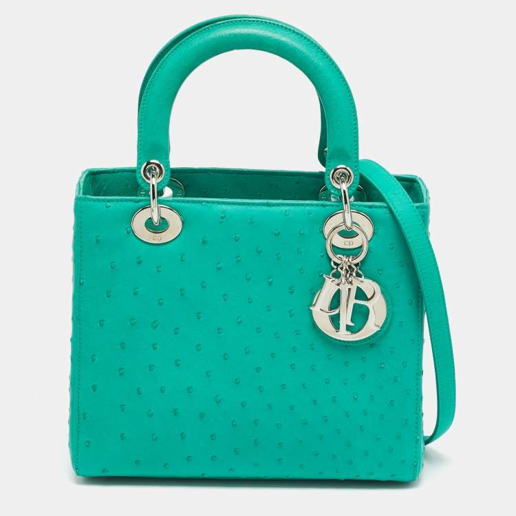 Pre Owned Dior Lady Dior Medium Green Ostrich Leather Tote