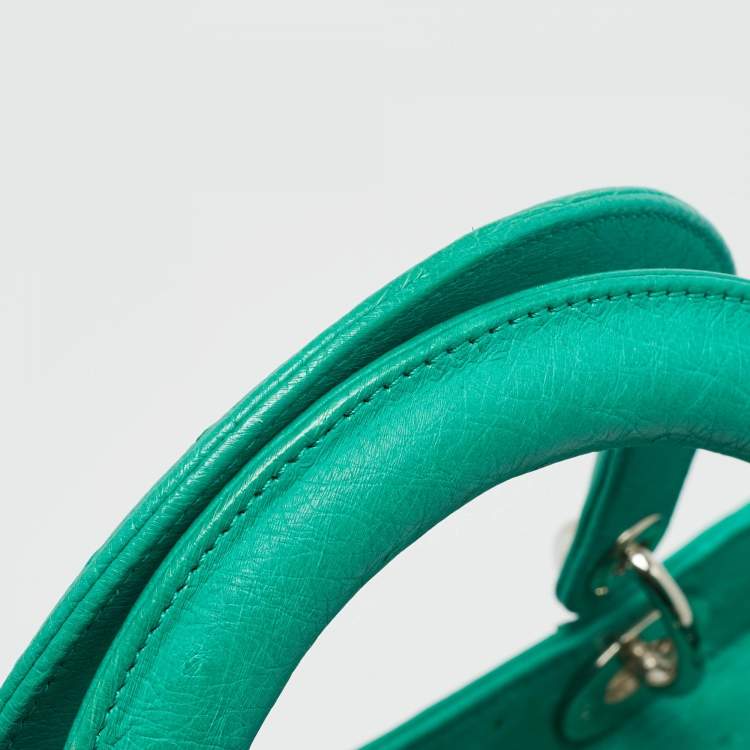 Pre Owned Dior Lady Dior Medium Green Ostrich Leather Tote