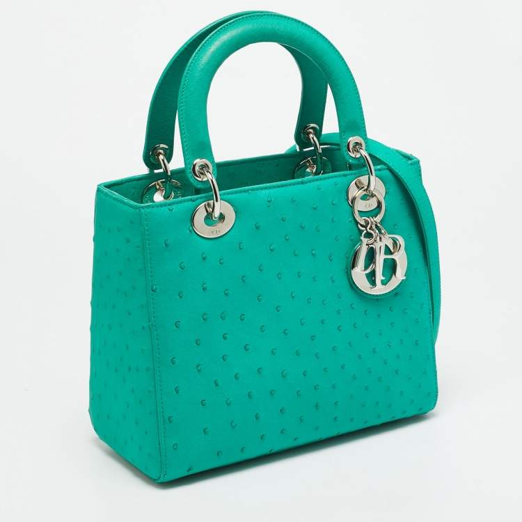 Pre Owned Dior Lady Dior Medium Green Ostrich Leather Tote