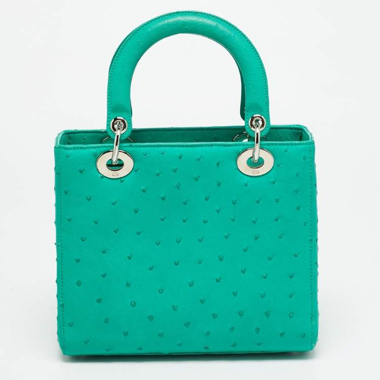 Pre Owned Dior Lady Dior Medium Green Ostrich Leather Tote