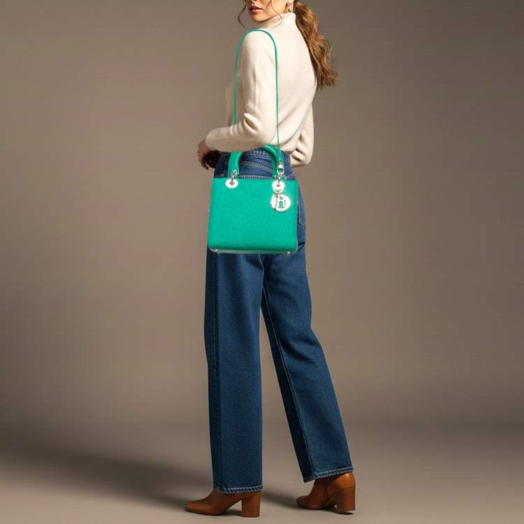 Pre Owned Dior Lady Dior Medium Green Ostrich Leather Tote