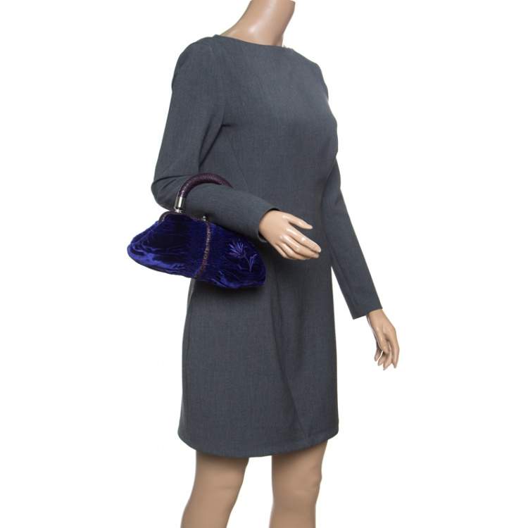 Pre Owned Dior Indigo Blue/Lilac Velvet and Snakeskin Top Handle Bag