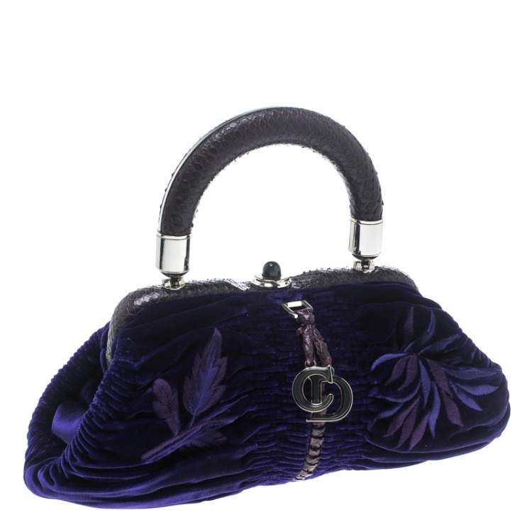Pre Owned Dior Indigo Blue/Lilac Velvet and Snakeskin Top Handle Bag