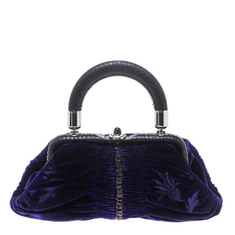 Pre Owned Dior Indigo Blue/Lilac Velvet and Snakeskin Top Handle Bag