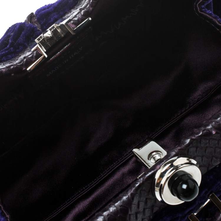 Pre Owned Dior Indigo Blue/Lilac Velvet and Snakeskin Top Handle Bag