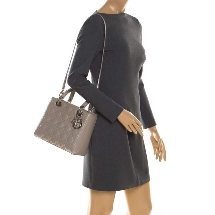 Pre Owned Dior Grey Patent Leather Medium Lady Dior Tote