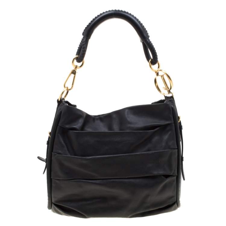 Pre Owned Dior Black Pleated Leather Libertine Hobo