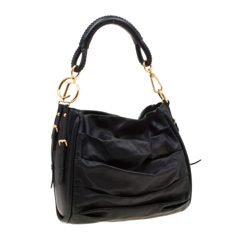 Pre Owned Dior Black Pleated Leather Libertine Hobo