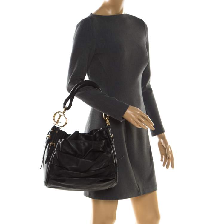 Pre Owned Dior Black Pleated Leather Libertine Hobo