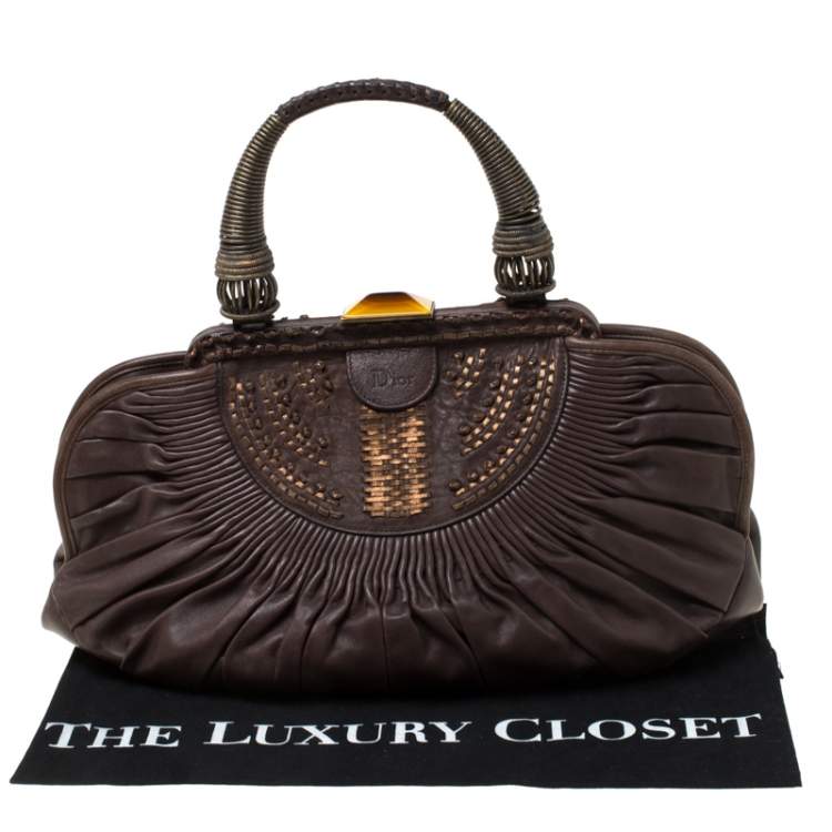 Pre Owned Dior Dark Brown Pleated Leather Medium Plisse Frame Bag