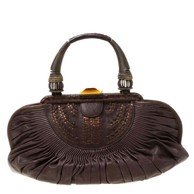 Pre Owned Dior Dark Brown Pleated Leather Medium Plisse Frame Bag