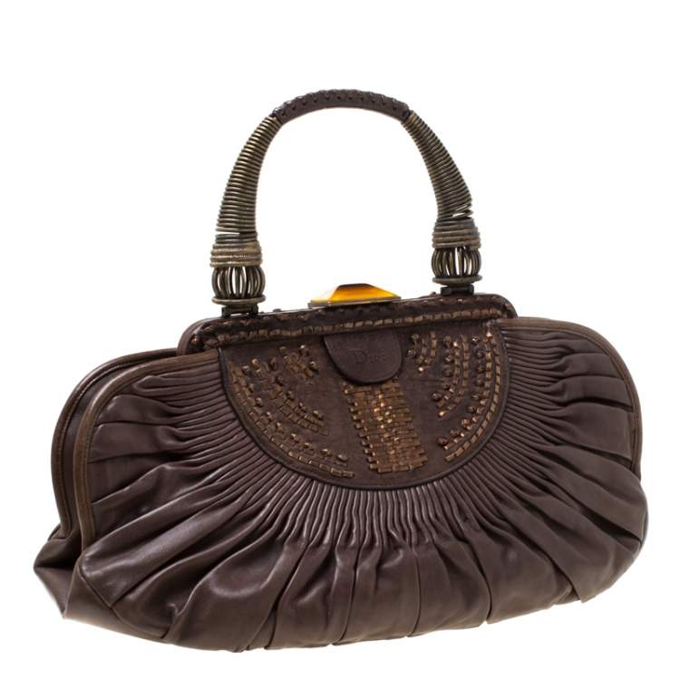 Pre Owned Dior Dark Brown Pleated Leather Medium Plisse Frame Bag