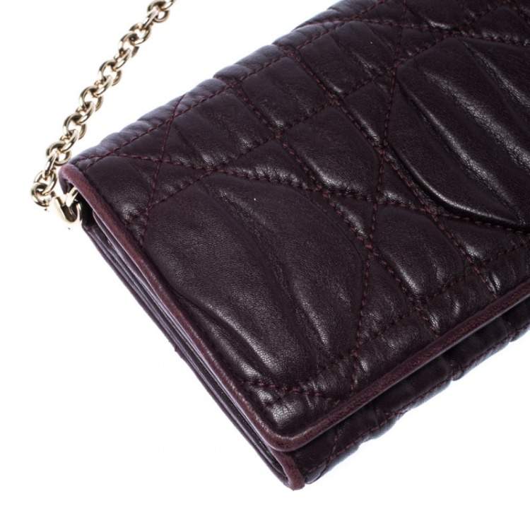 Pre Owned Dior Burgundy Leather Lady Dior Wallet on Chain