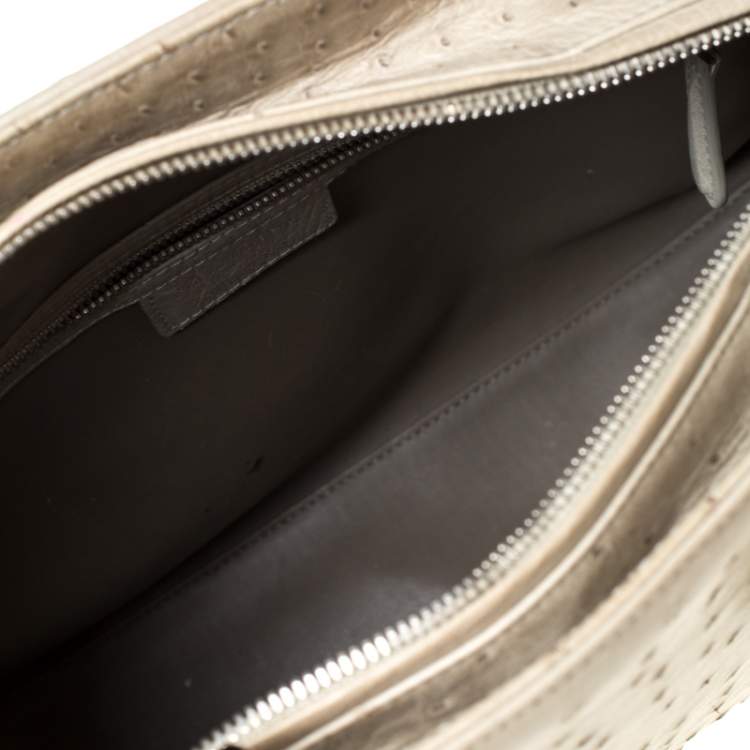 Pre Owned Dior Light Khaki Ostrich Leather Large Lady Dior Tote