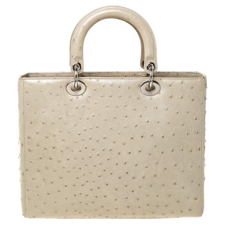 Pre Owned Dior Light Khaki Ostrich Leather Large Lady Dior Tote