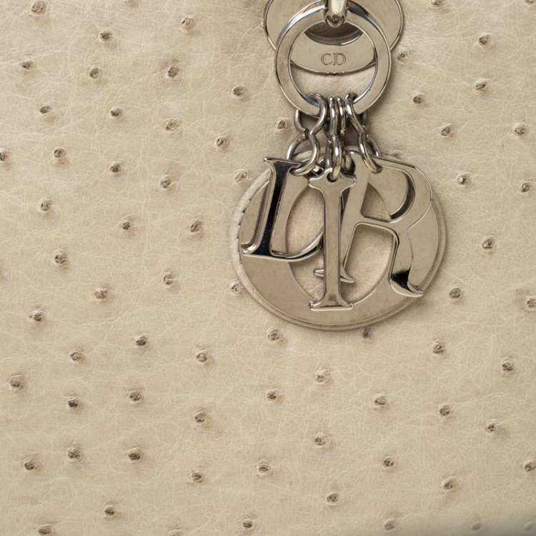 Pre Owned Dior Light Khaki Ostrich Leather Large Lady Dior Tote