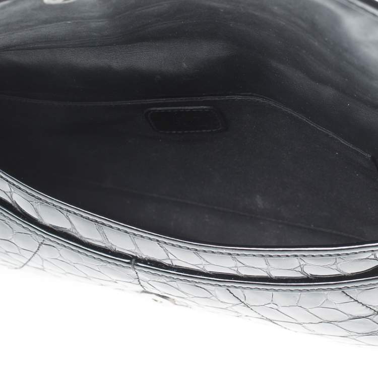 Pre Owned Dior Black Croc Embossed Patent Leather Oversized Wristlet Clutch