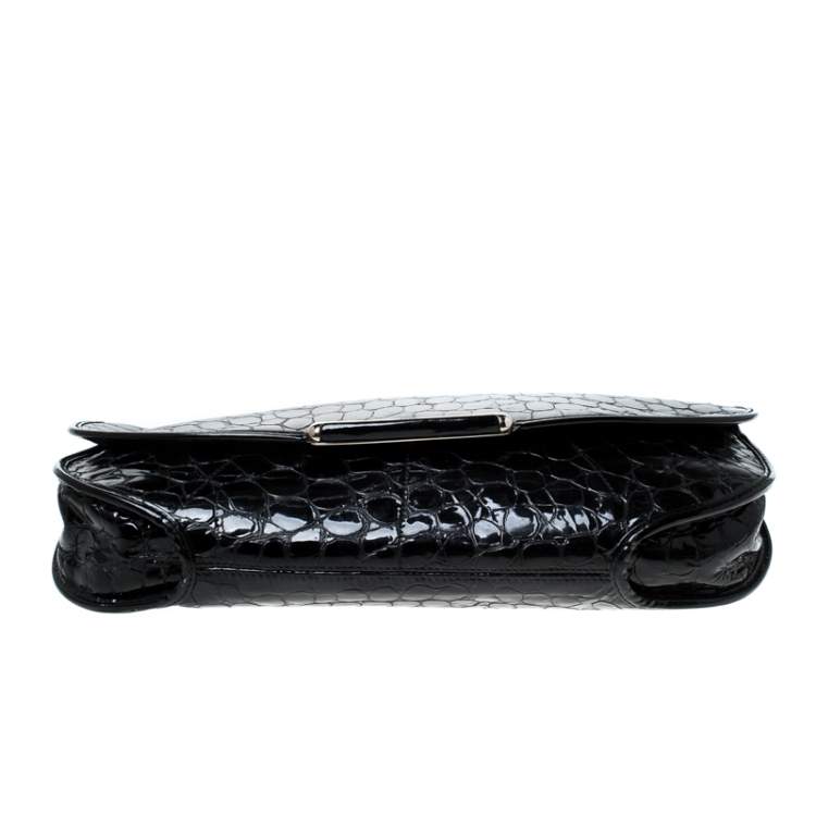 Pre Owned Dior Black Croc Embossed Patent Leather Oversized Wristlet Clutch