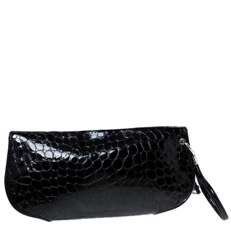 Pre Owned Dior Black Croc Embossed Patent Leather Oversized Wristlet Clutch