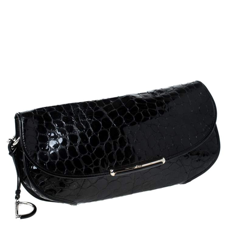 Pre Owned Dior Black Croc Embossed Patent Leather Oversized Wristlet Clutch