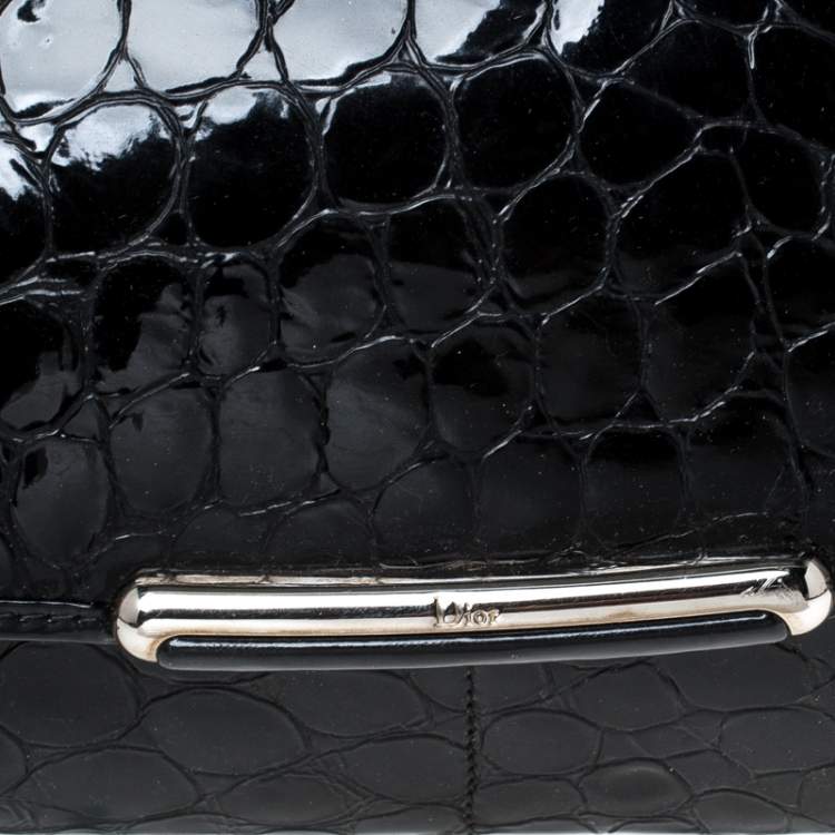 Pre Owned Dior Black Croc Embossed Patent Leather Oversized Wristlet Clutch